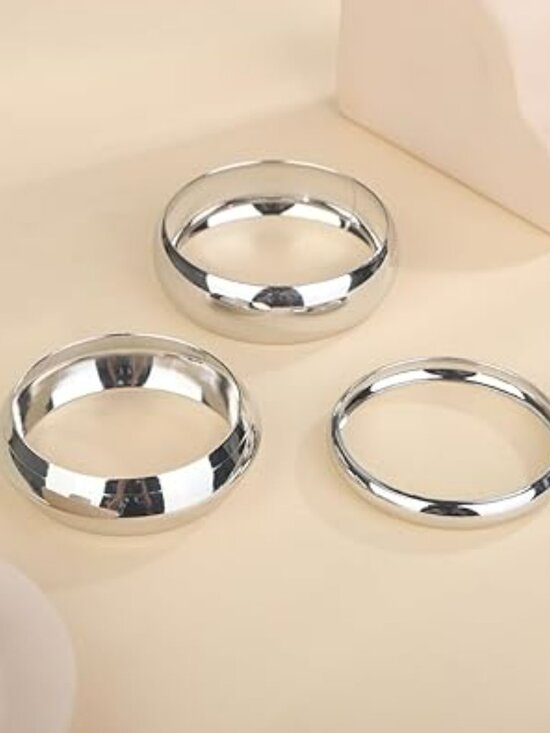 3 Chunky Silver Bangle Bracelets Trendy Wide Chunky Cuff Bracelets Hammered - Picture 2 of 4